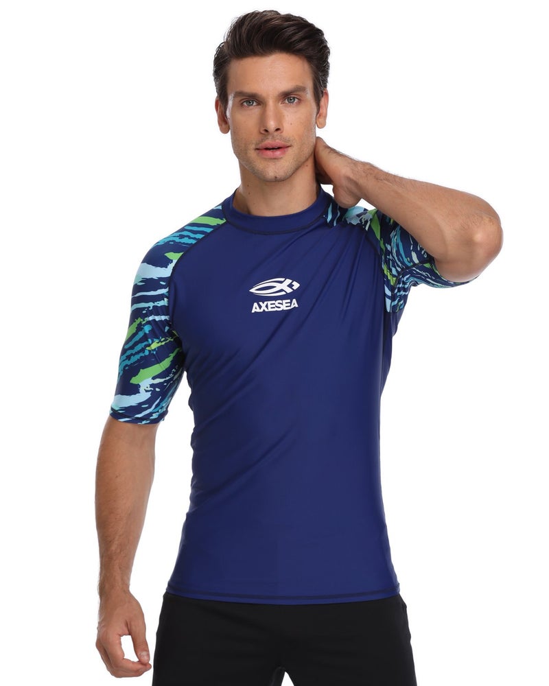 AXESEA Men's Short Sleeve Solid Sun Protection Rashguard Swim Shirt UPF 50+ (M, Blue) - Image 5
